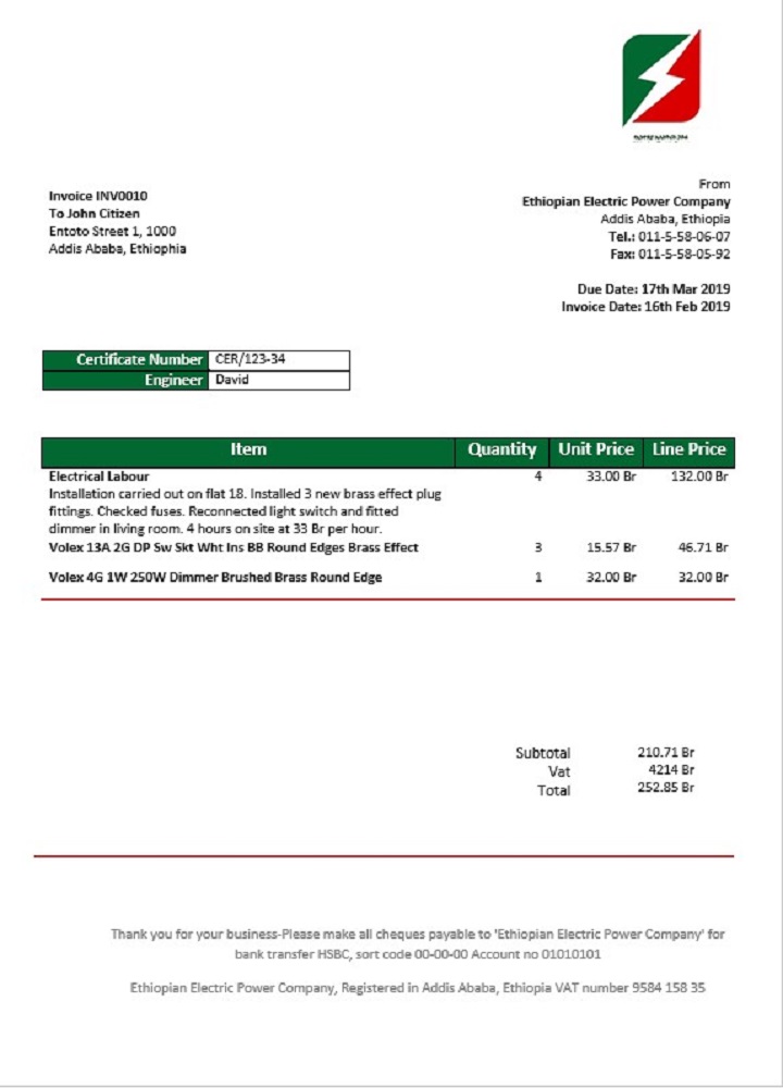 Ethiopia Ethiopian Electric Power Company electricity utility bill